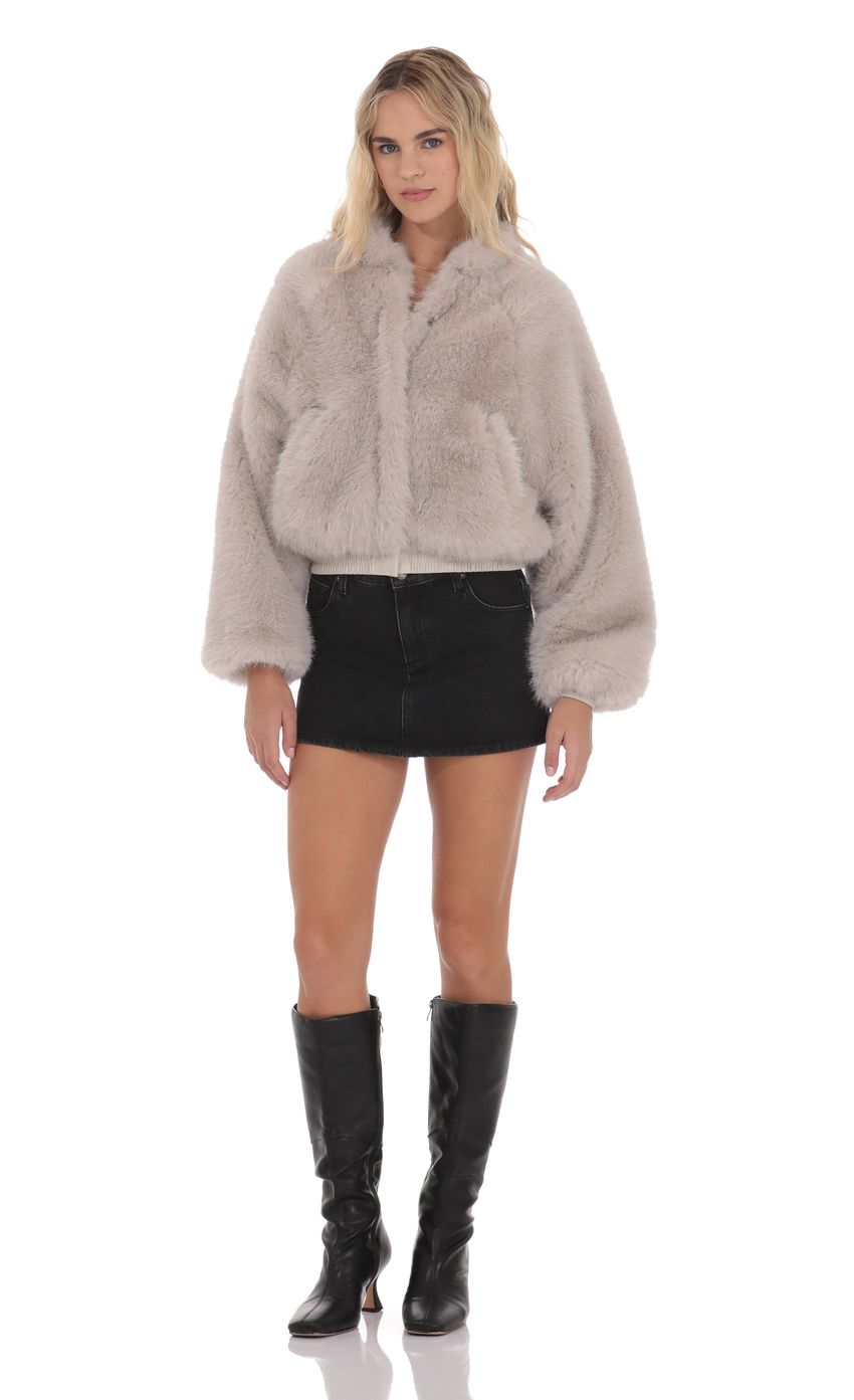 Product image for Faux Fur Bomber Jacket in Soft Taupe
