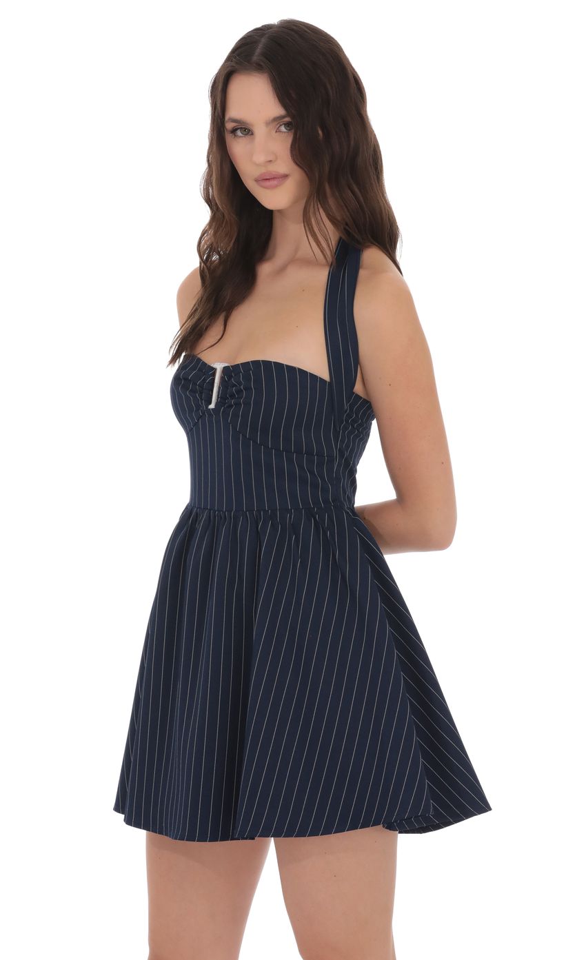 Product image for Pinstripe Halter Fit and Flare Dress in Navy