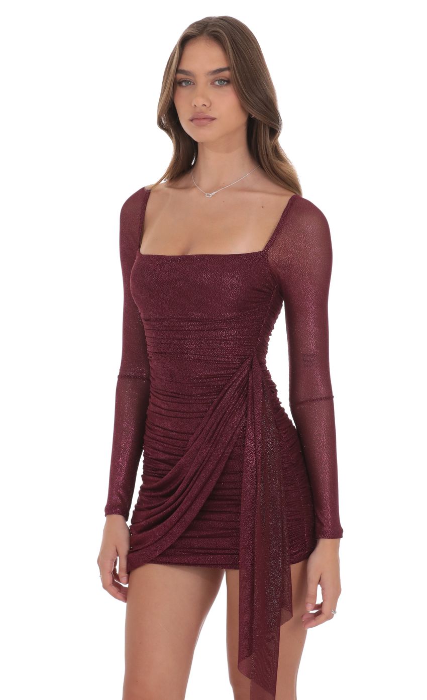 Product image for Foil Mesh Long Sleeve Tassel Dress in Burgundy
