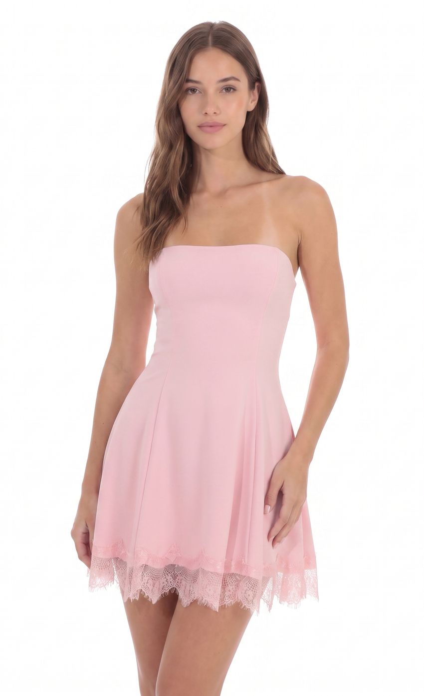 Product image for Strapless Dress with Lace-trim Hem in Pink