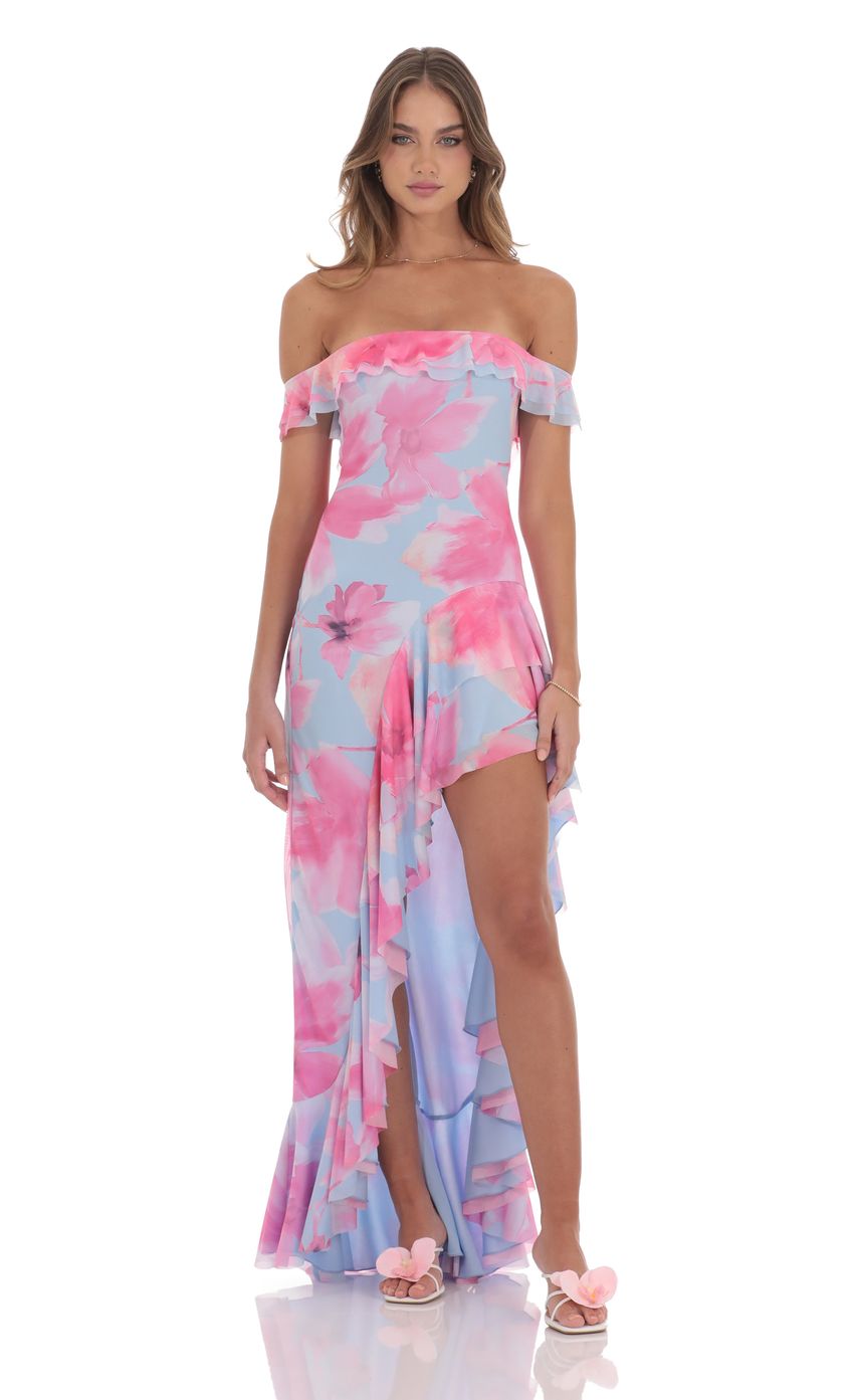 Picture Off Shoulder Floral Maxi Dress in Pink and Blue. Source: https://media-img.lucyinthesky.com/data/product-media/850xAUTO/738c9bfa-20e9-49cd-9b7b-f628721c183a.jpg