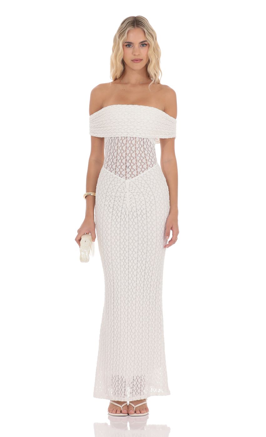 Picture Off Shoulder Lace Bodycon Maxi Dress in White. Source: https://media-img.lucyinthesky.com/data/product-media/850xAUTO/73df6be2-1e60-4075-a96f-85fc2fb8e884.jpg