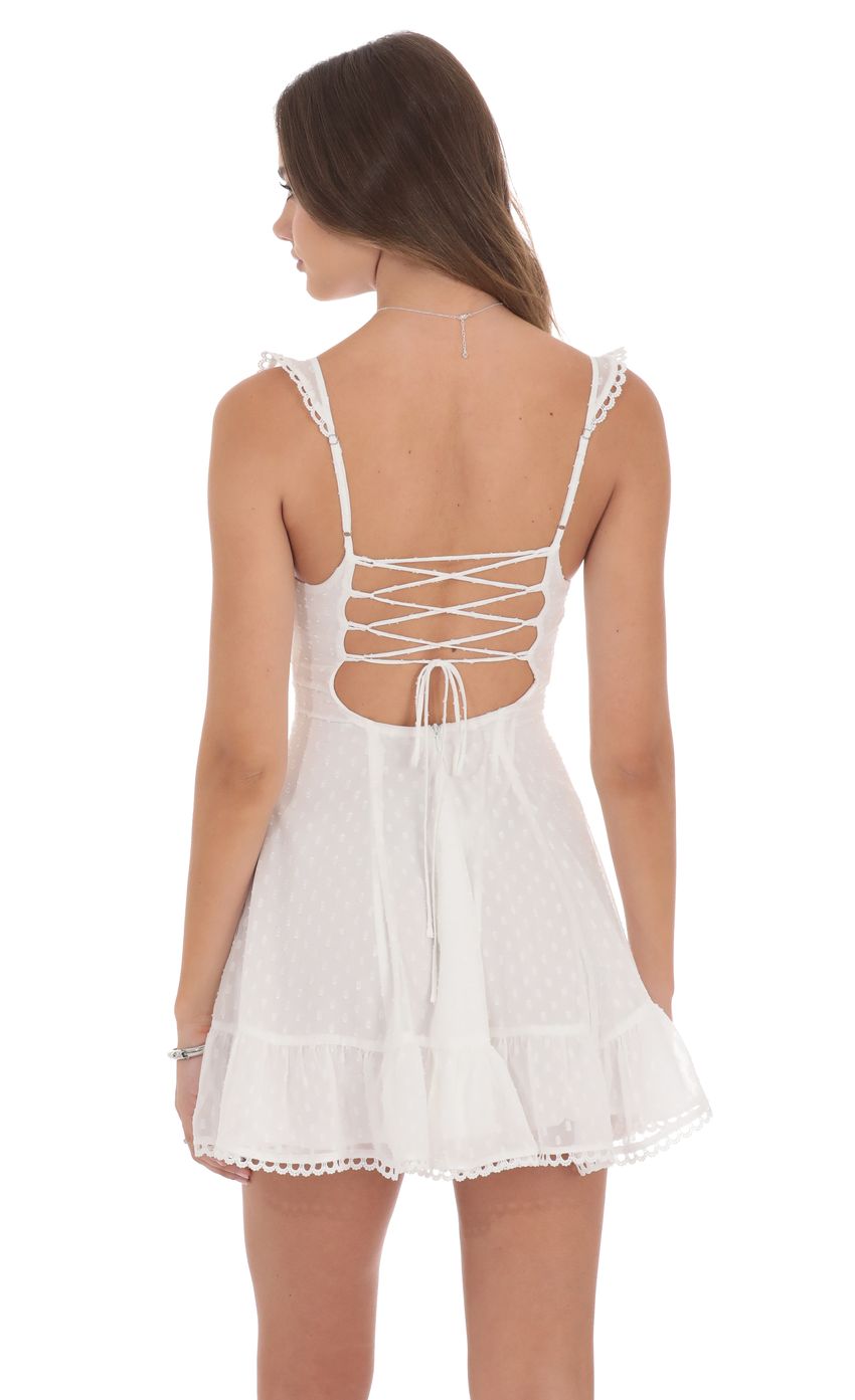Picture Dotted Chiffon Fit and Flare Dress in White. Source: https://media-img.lucyinthesky.com/data/product-media/850xAUTO/74453d42-5404-48ae-9f5f-db4a8703707f.jpg