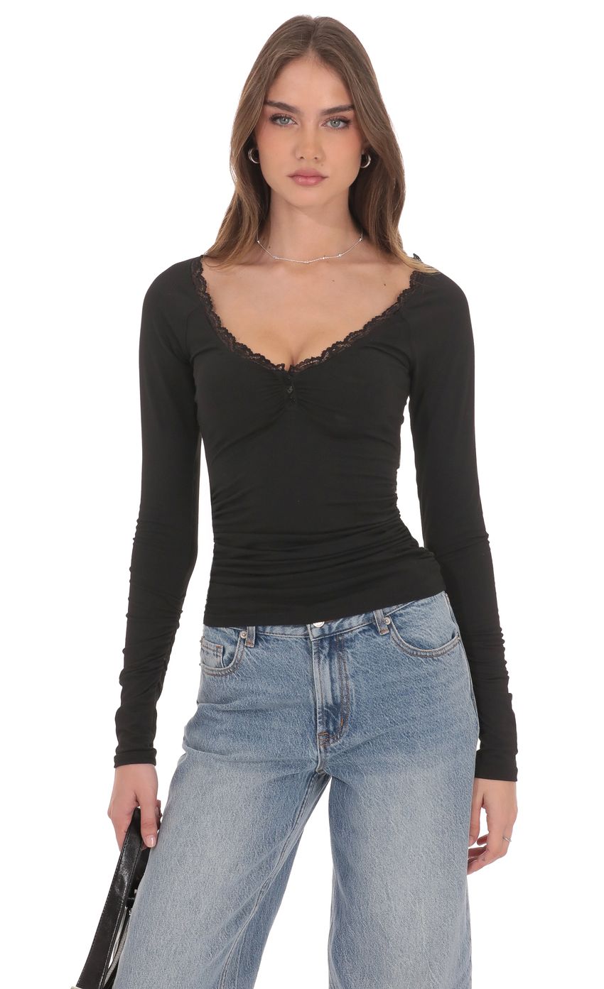 Product image for Lace Trim Long Sleeve Top in Black