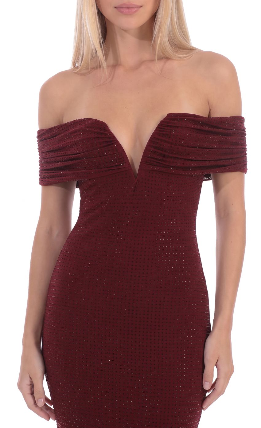 Product image for Rhinestone Off-the-Shoulder Maxi Dress in Burgundy