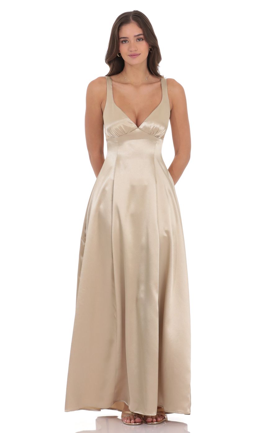 Product image for Satin V-Neck Fit and Flare Maxi Dress in Gold