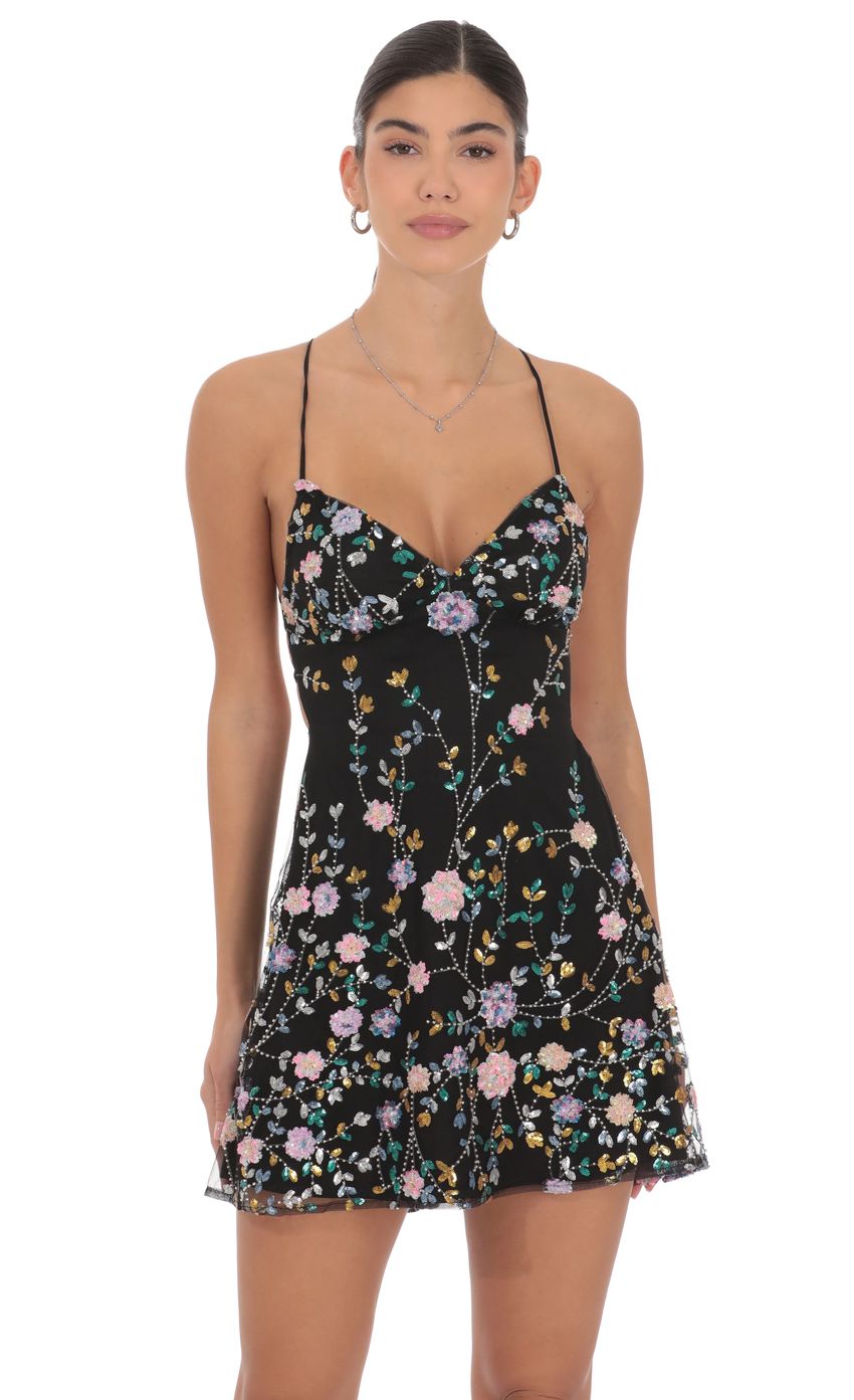 Product image for Floral Sequin Embroidered Open Back Dress in Black