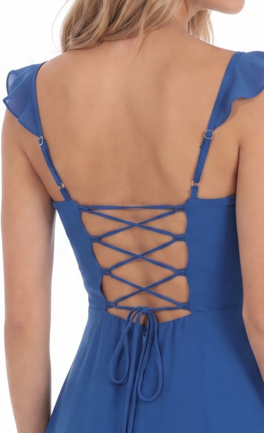 Product image for Ruched Ruffle Lace-Up Mini Dress in Royal Blue