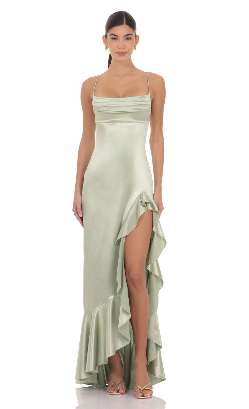 Product image for Satin Ruffle Maxi Dress in Sage