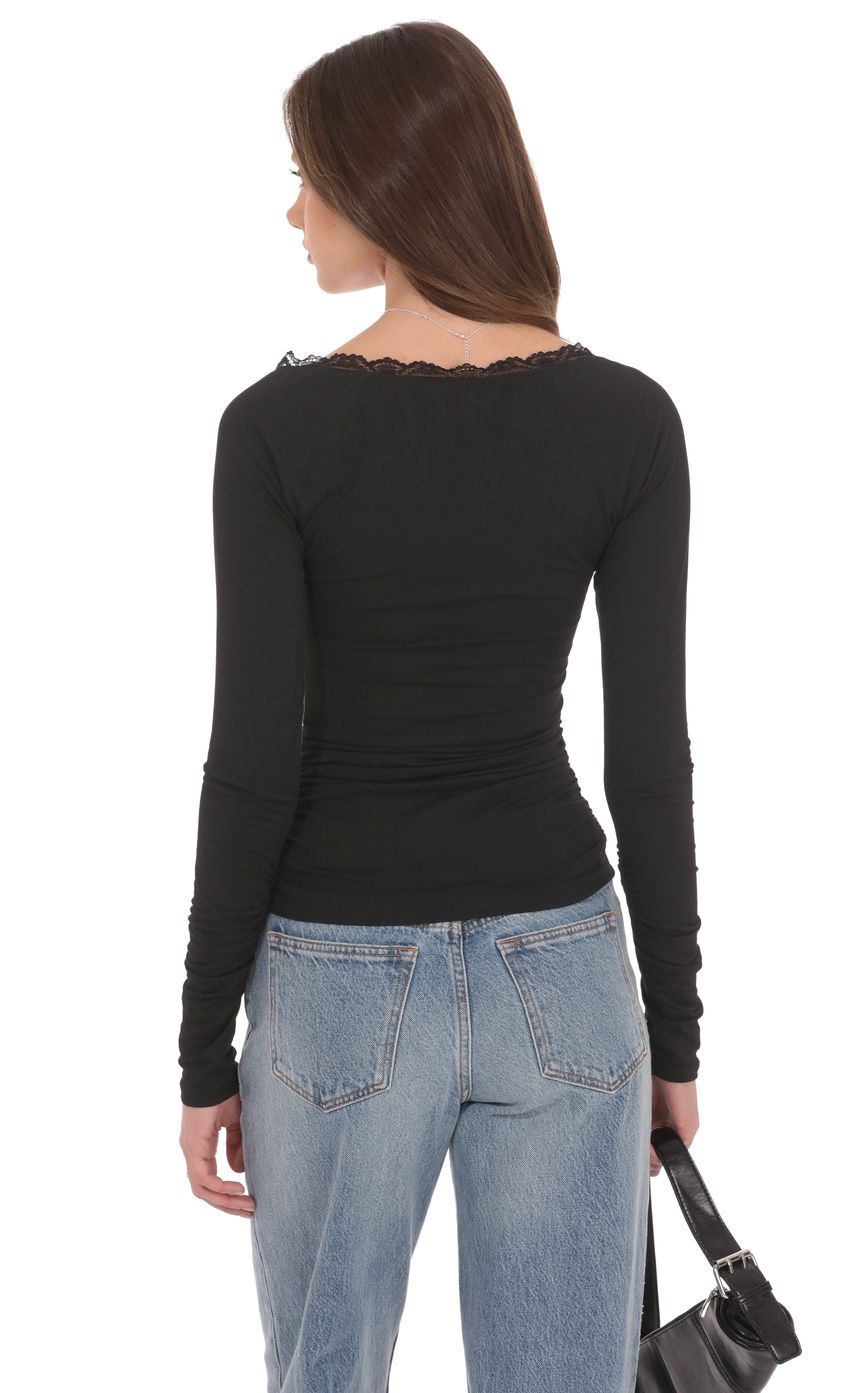 Product image for Lace Trim Long Sleeve Top in Black