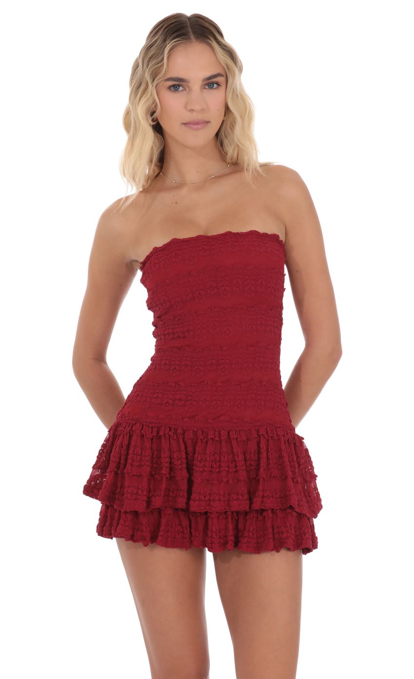 Product image for Strapless Lace Ruffle Dress in Red
