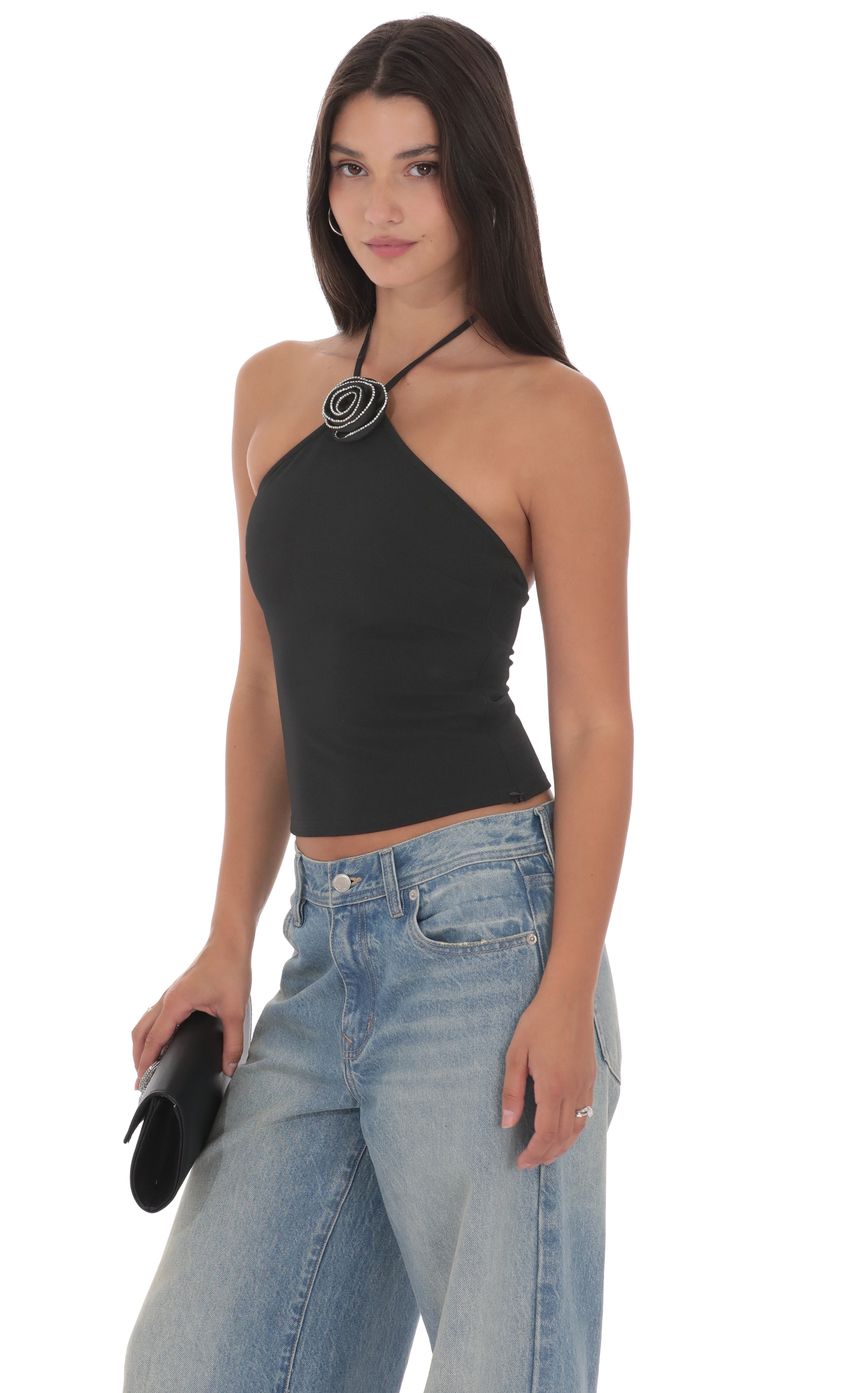 Product image for Rhinestone Rose Top in Black