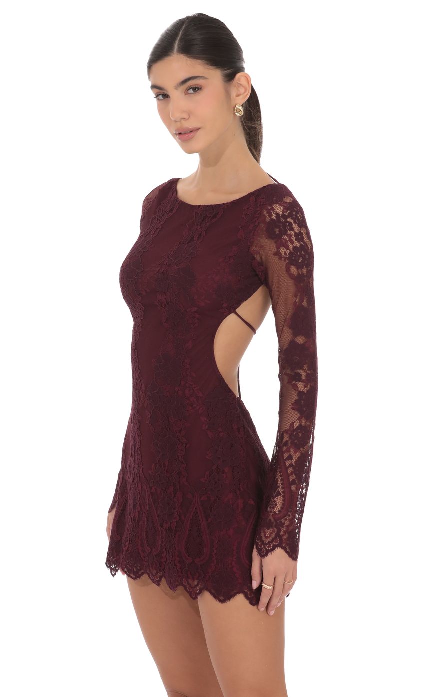 Product image for Lace Open Back Long Sleeve Dress in Burgundy