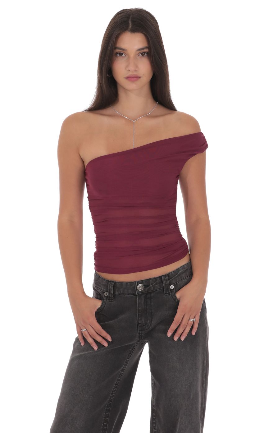 Product image for Sheer One Shoulder Top in Plum