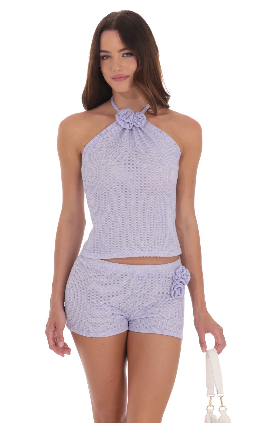 Picture Crochet Rosette Halter Top in Lavender. Source: https://media-img.lucyinthesky.com/data/product-media/850xAUTO/79f5411d-be21-450c-9880-a966c8695f8a.jpg