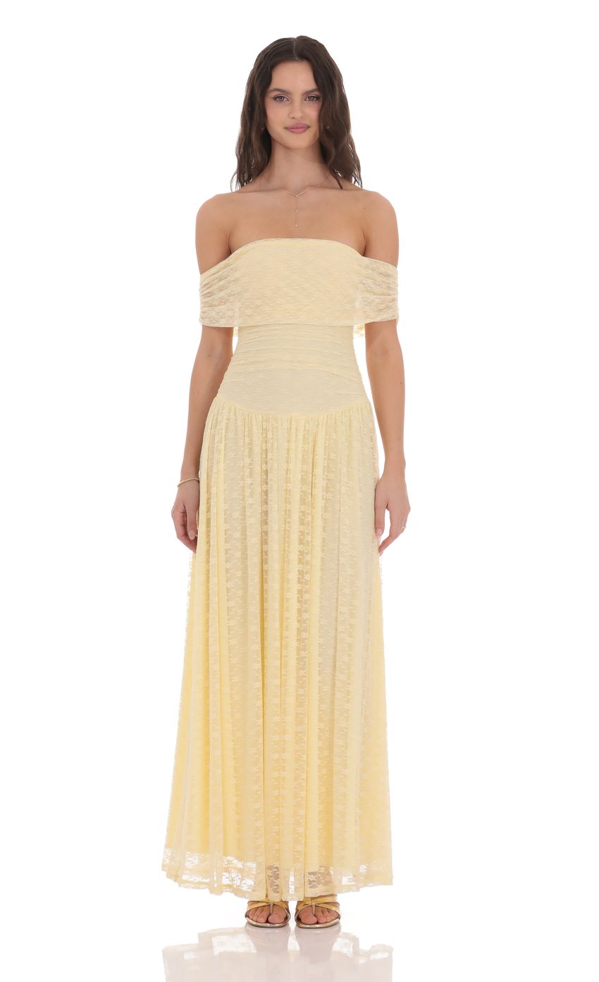Picture Lace Off Shoulder Maxi Dress in Yellow. Source: https://media-img.lucyinthesky.com/data/product-media/850xAUTO/79fa2013-4830-4a13-b222-258e906eb6d2.jpg