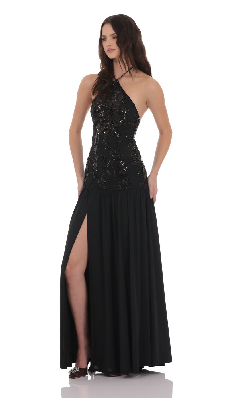 Product image for Drop Waist Sequin Maxi Dress in Black