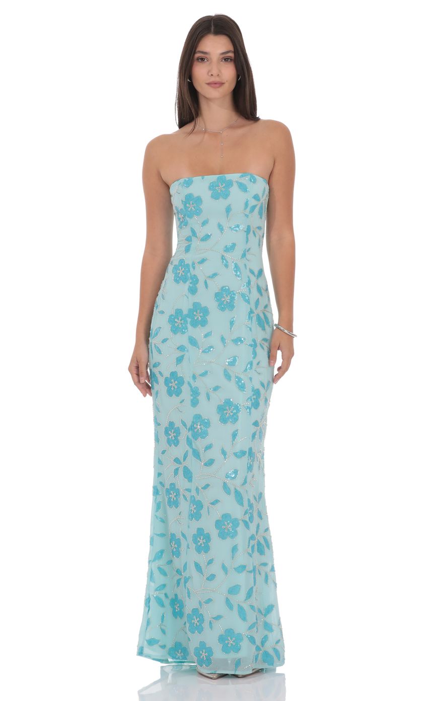 Product image for Floral Sequin Strapless Maxi Dress in Aqua Blue