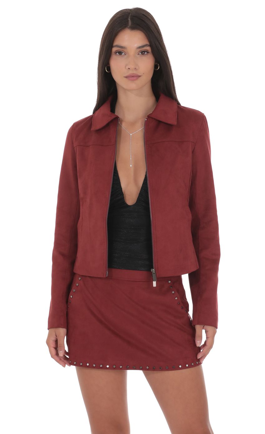Product image for Suede Zip-Up Jacket in Maroon