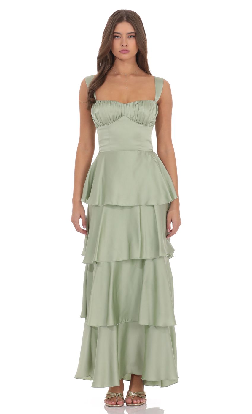 Product image for Satin Ruffle Maxi Dress in Sage
