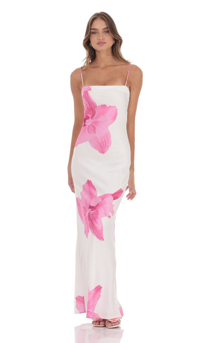 Picture Satin Floral Open Back Maxi Dress in White. Source: https://media-img.lucyinthesky.com/data/product-media/850xAUTO/7b4ecd0a-3848-4edd-9880-2e3cbbb1e94c.jpg