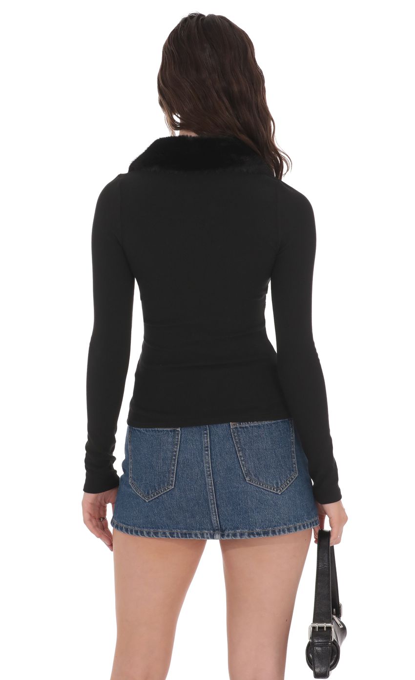 Product image for Fur Collar Zip-Up Cardigan in Black