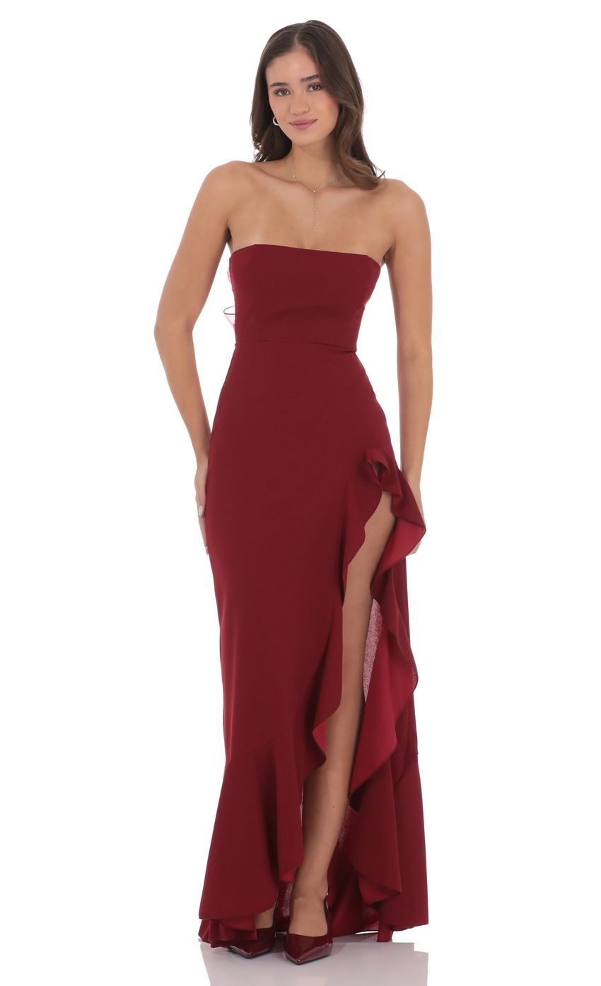 Product image for Corset Strapless Back Bow Maxi Dress in Maroon