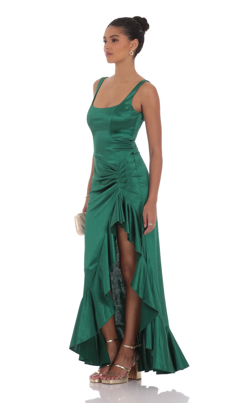 Picture Satin Ruched Ruffle Slit Maxi Dress in Green. Source: https://media-img.lucyinthesky.com/data/product-media/850xAUTO/7cd856cf-f712-4733-b70d-93b54288a2c5.jpg