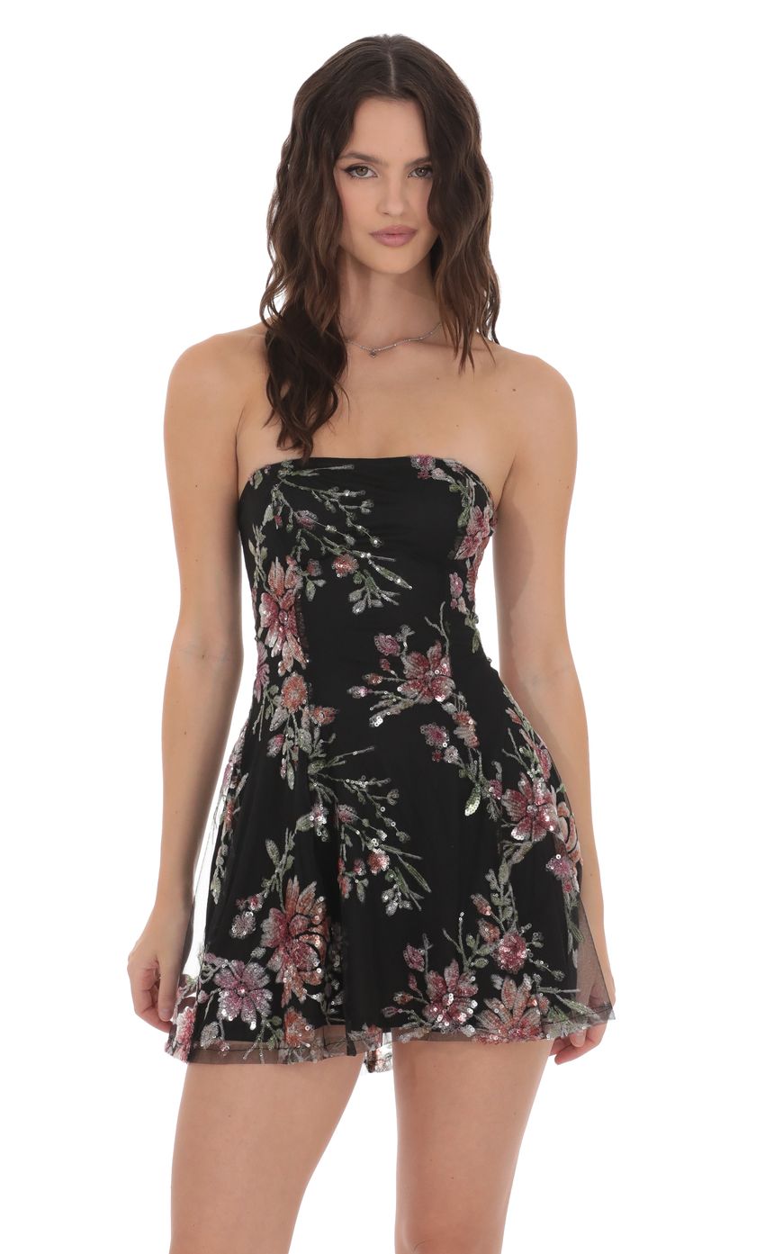 Product image for Sequin Floral Strapless Dress in Black