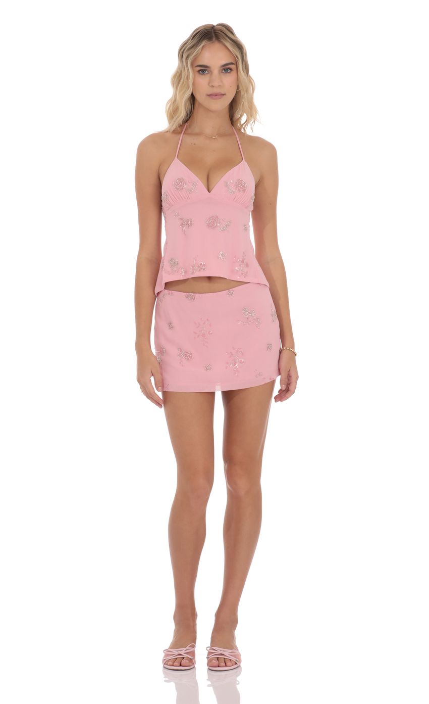 Product image for Sequin Beaded Floral Top in Pink