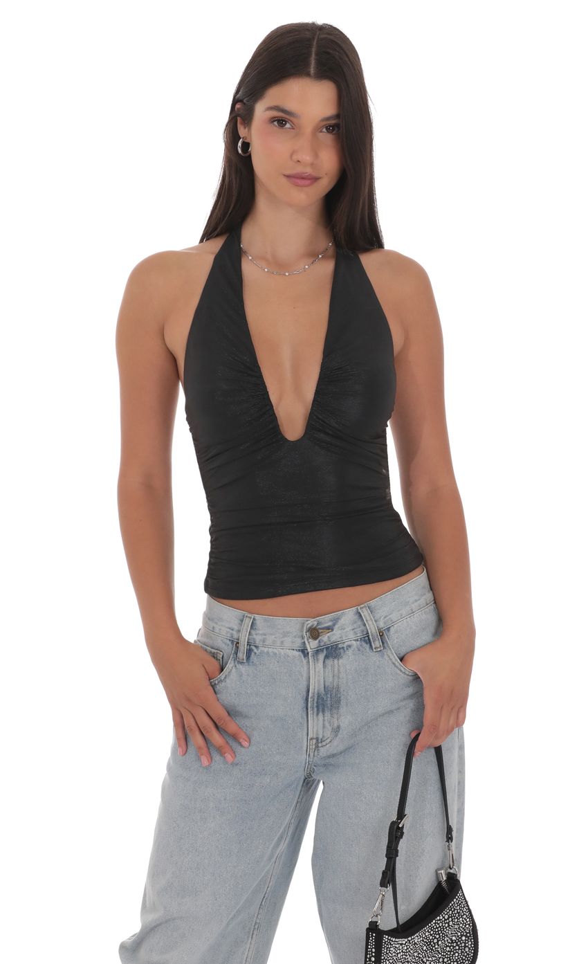 Product image for Metallic Plunge Neck Top in Black