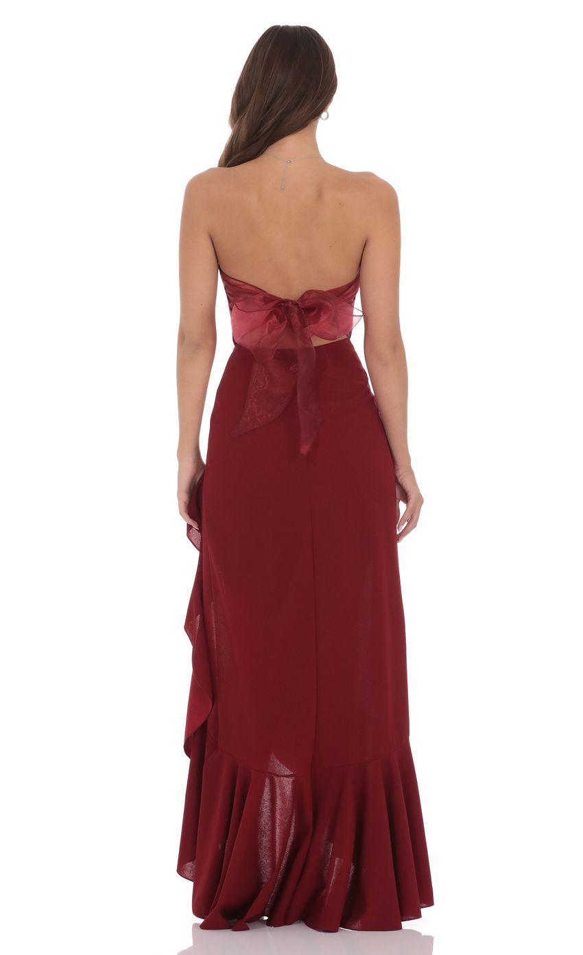 Product image for Corset Strapless Back Bow Maxi Dress in Maroon