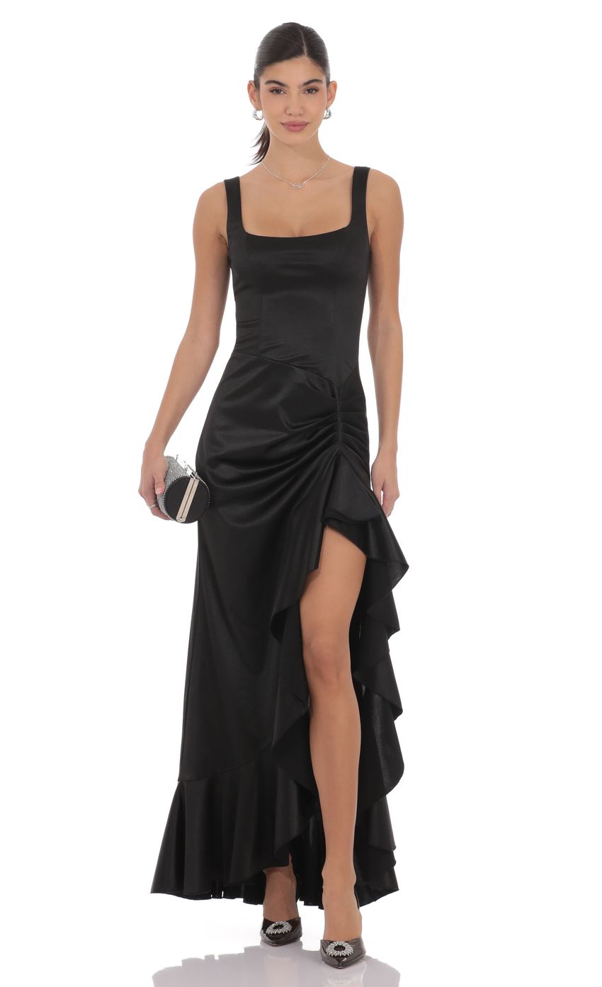 Product image for Satin Ruched Ruffle Slit Maxi Dress in Black
