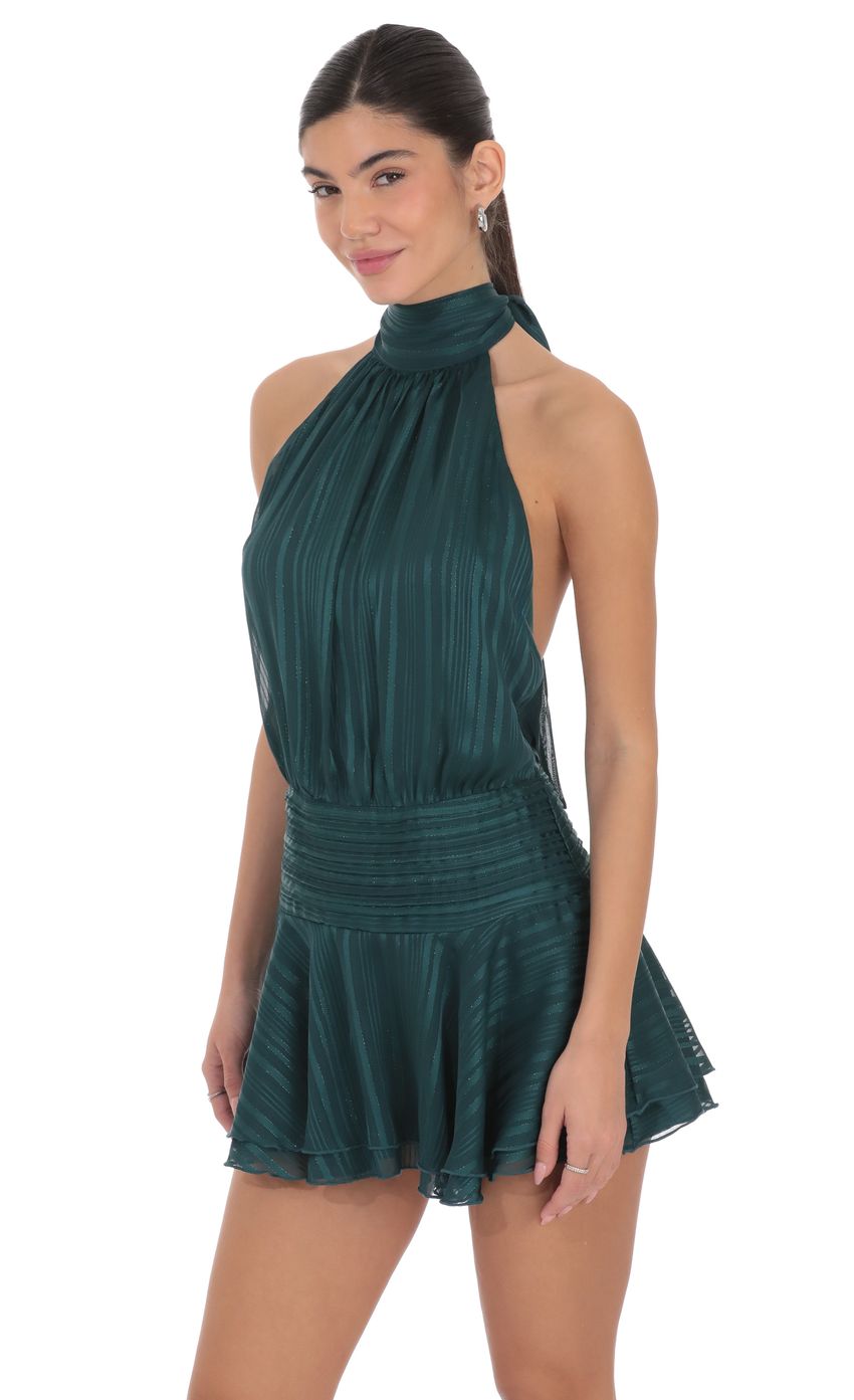 Product image for Shimmer Mock Neck Halter Dress in Green