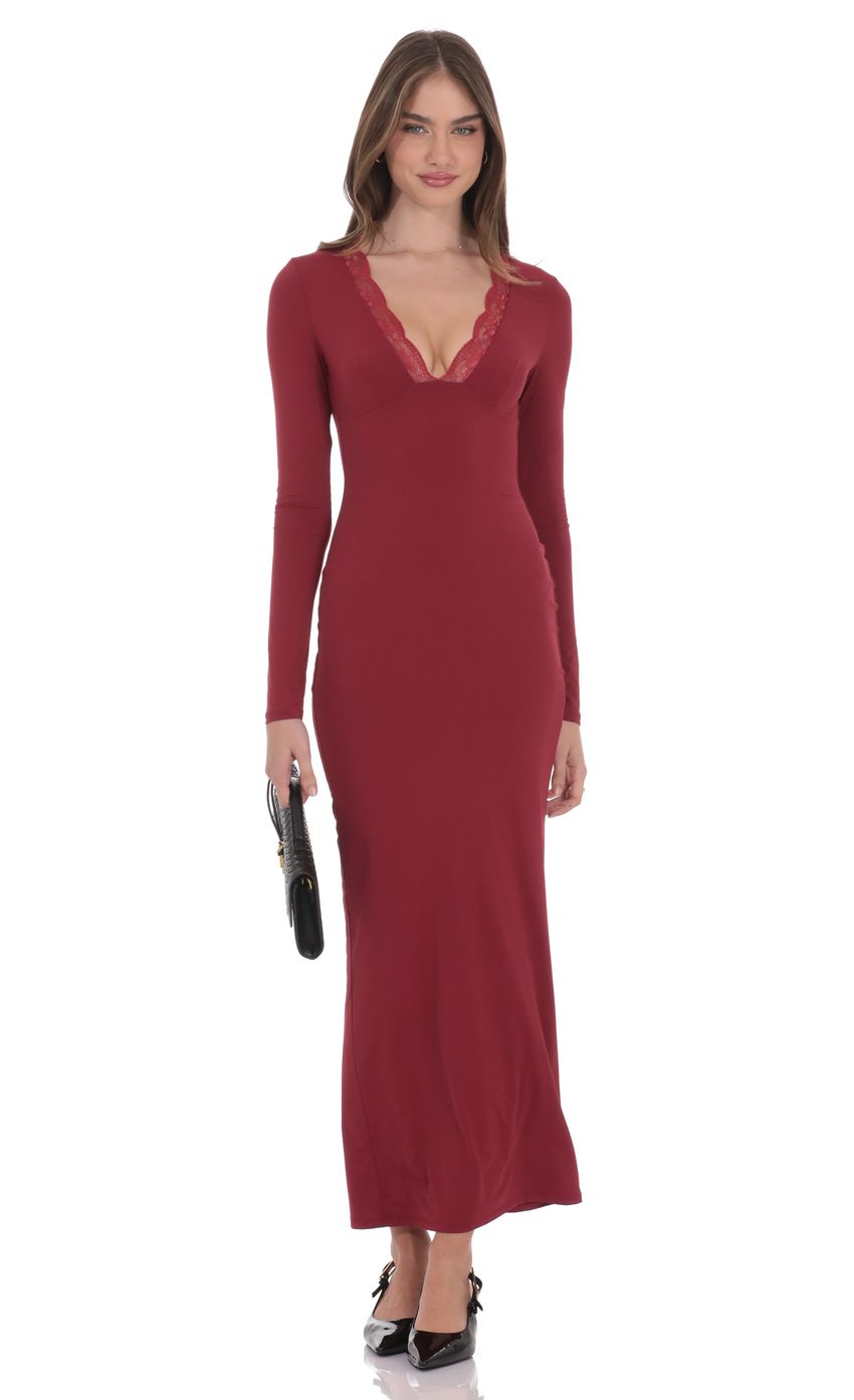 Product image for Long Sleeve Lace Trim Maxi Dress in Maroon