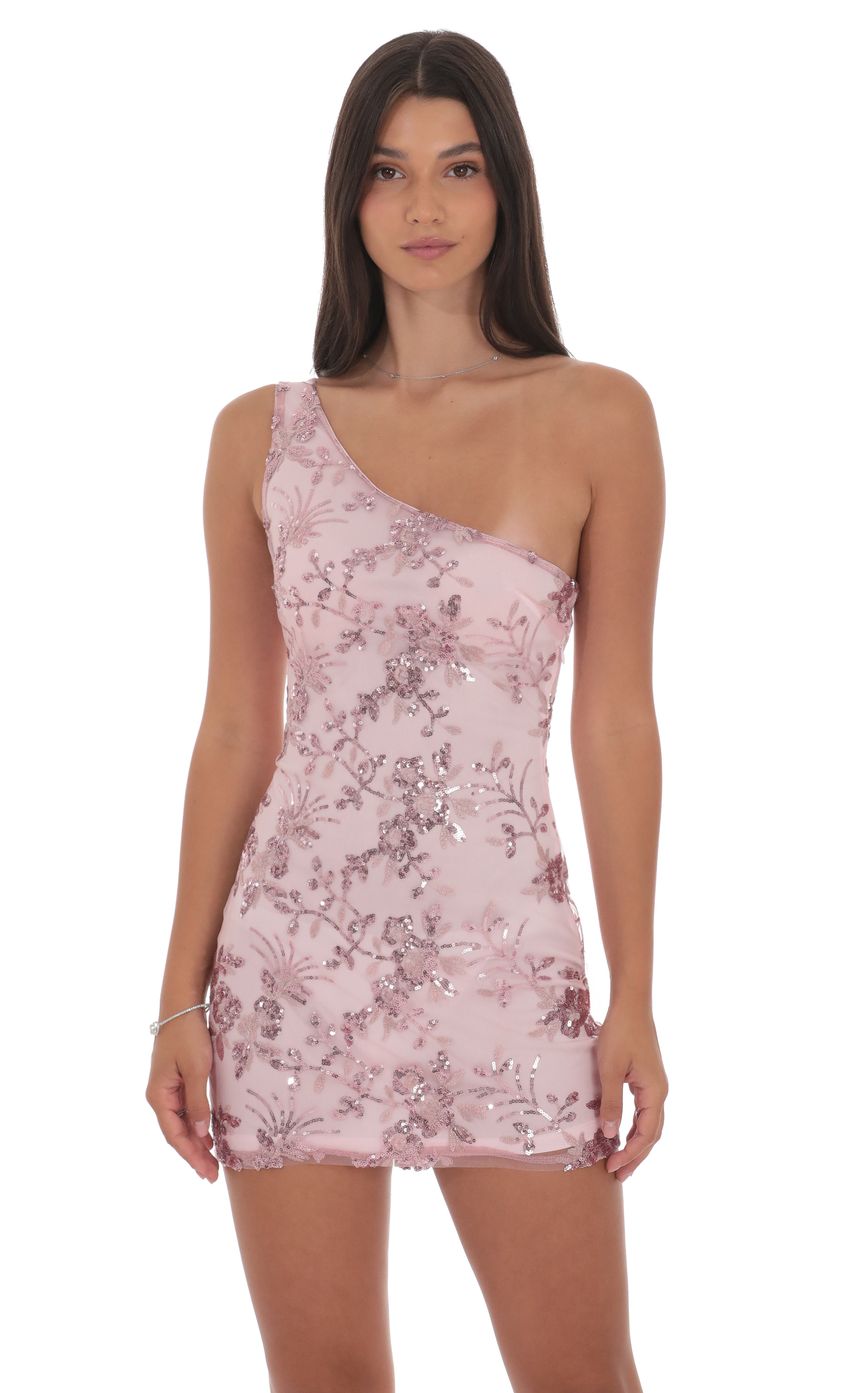 Product image for Floral Sequin One Shoulder Dress in Pink