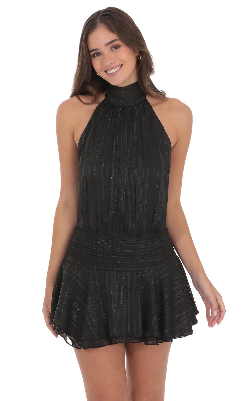Product image for Shimmer Mock Neck Halter Dress in Black