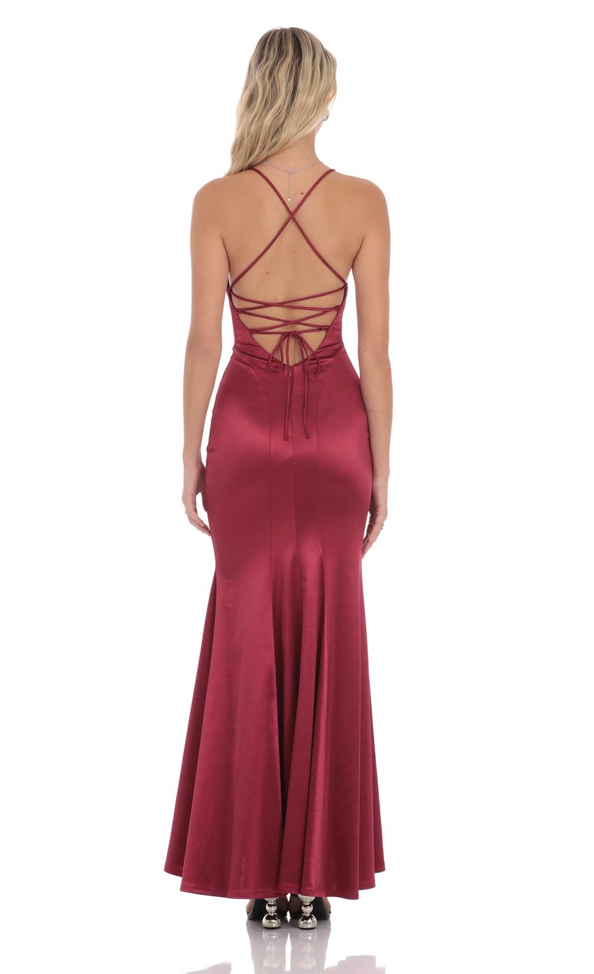 Picture Satin Open Back Mermaid Maxi Dress in Maroon. Source: https://media-img.lucyinthesky.com/data/product-media/850xAUTO/8161cfd2-b03f-4f10-bfe6-9f63896856ff.jpg