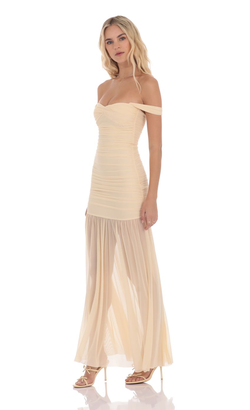 Picture Mesh Off Shoulder Ruched Maxi Dress in Beige. Source: https://media-img.lucyinthesky.com/data/product-media/850xAUTO/8170d98b-7152-42a1-87ee-bed872d2919a.jpg