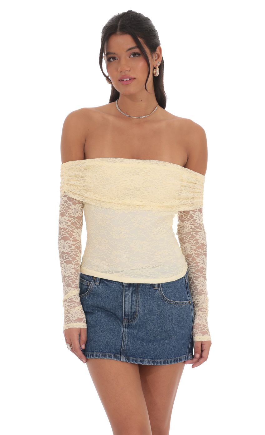 Picture Lace Off Shoulder Top in Yellow. Source: https://media-img.lucyinthesky.com/data/product-media/850xAUTO/81ab9708-55d7-4ecf-a363-1f5198fce4e6.jpg