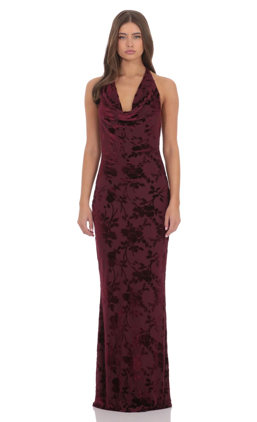 Product image for Velvet Floral Halter Cowl Neck Maxi Dress in Plum