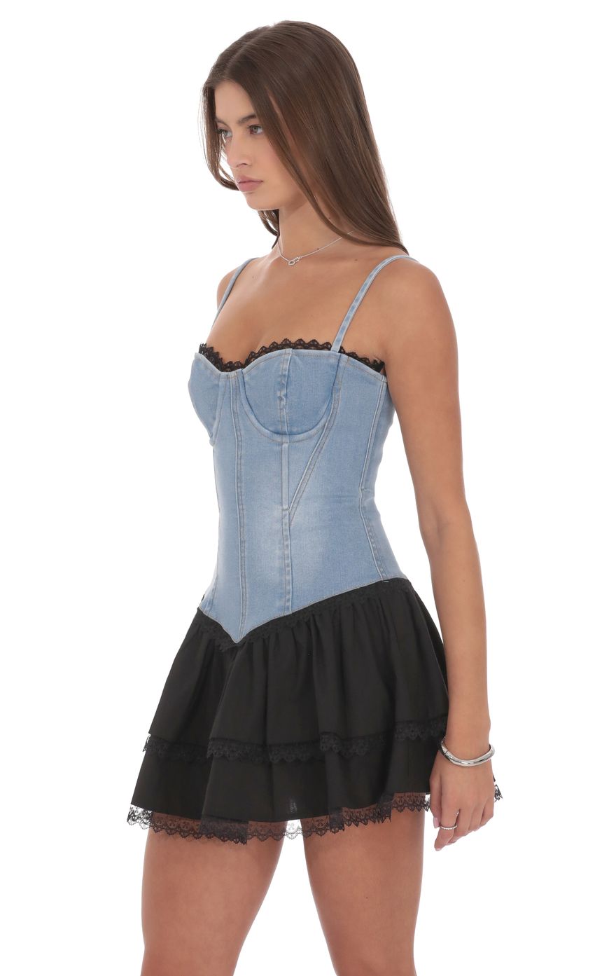 Product image for Two Toned Denim Ruffle Dress in Blue and Black