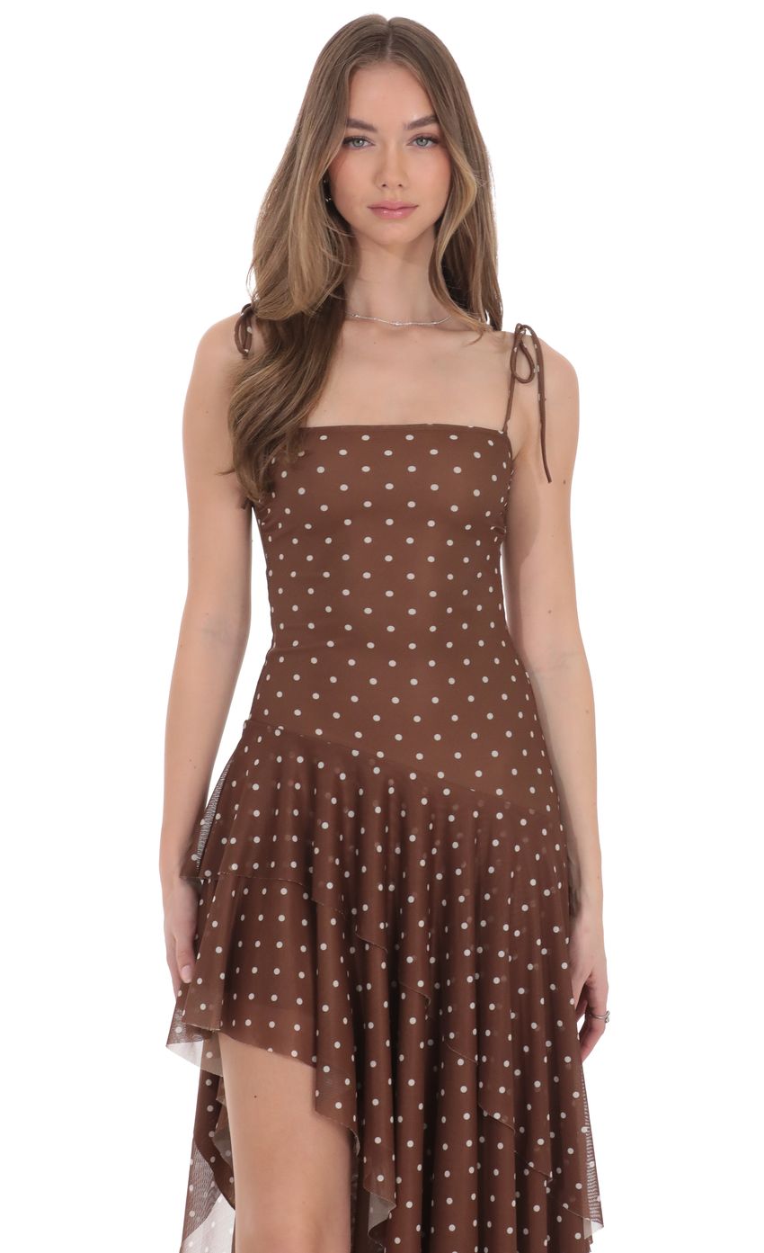 Product image for Polka Dot Asymmetrical Maxi Dress in Brown