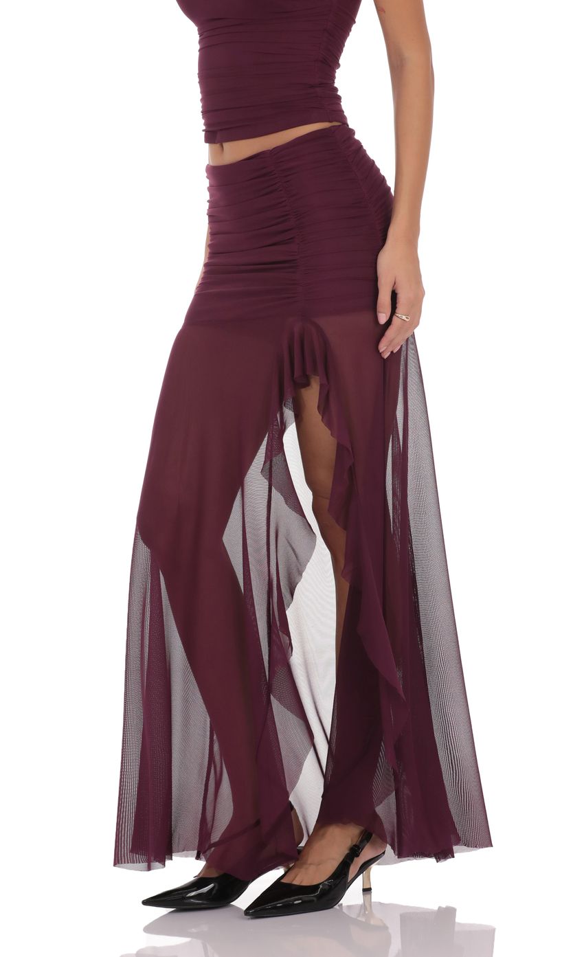 Product image for Mesh Fishtail Maxi Skirt in Plum
