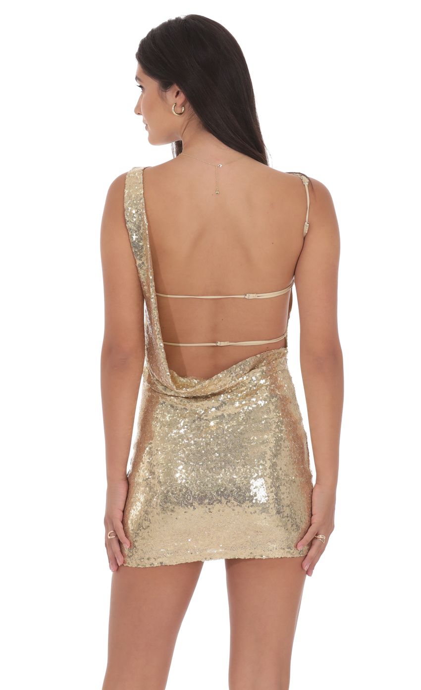 Product image for Sequin High Neck Open Back Dress in Gold