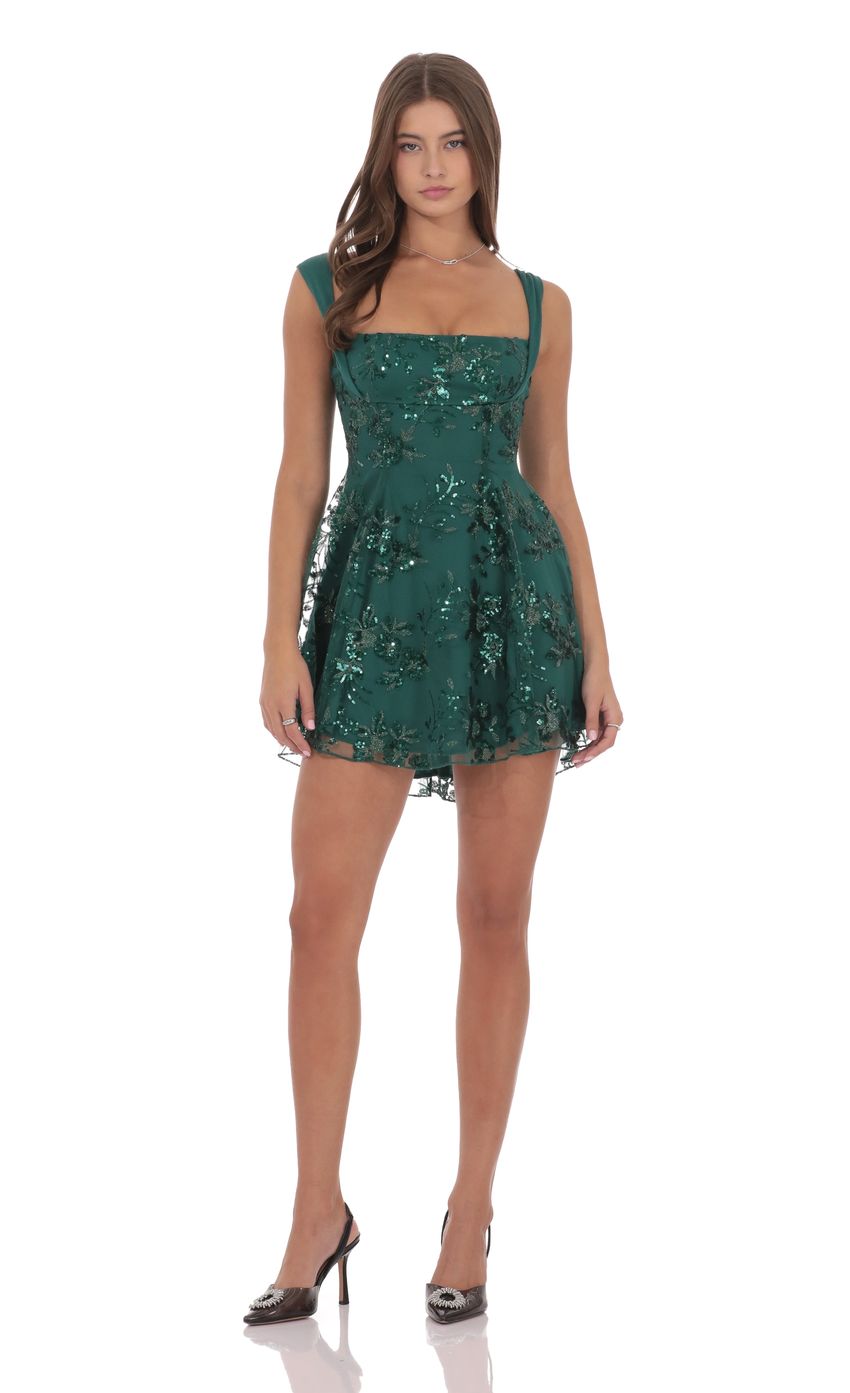 Product image for Floral Sequin Fit and Flare Dress in Green