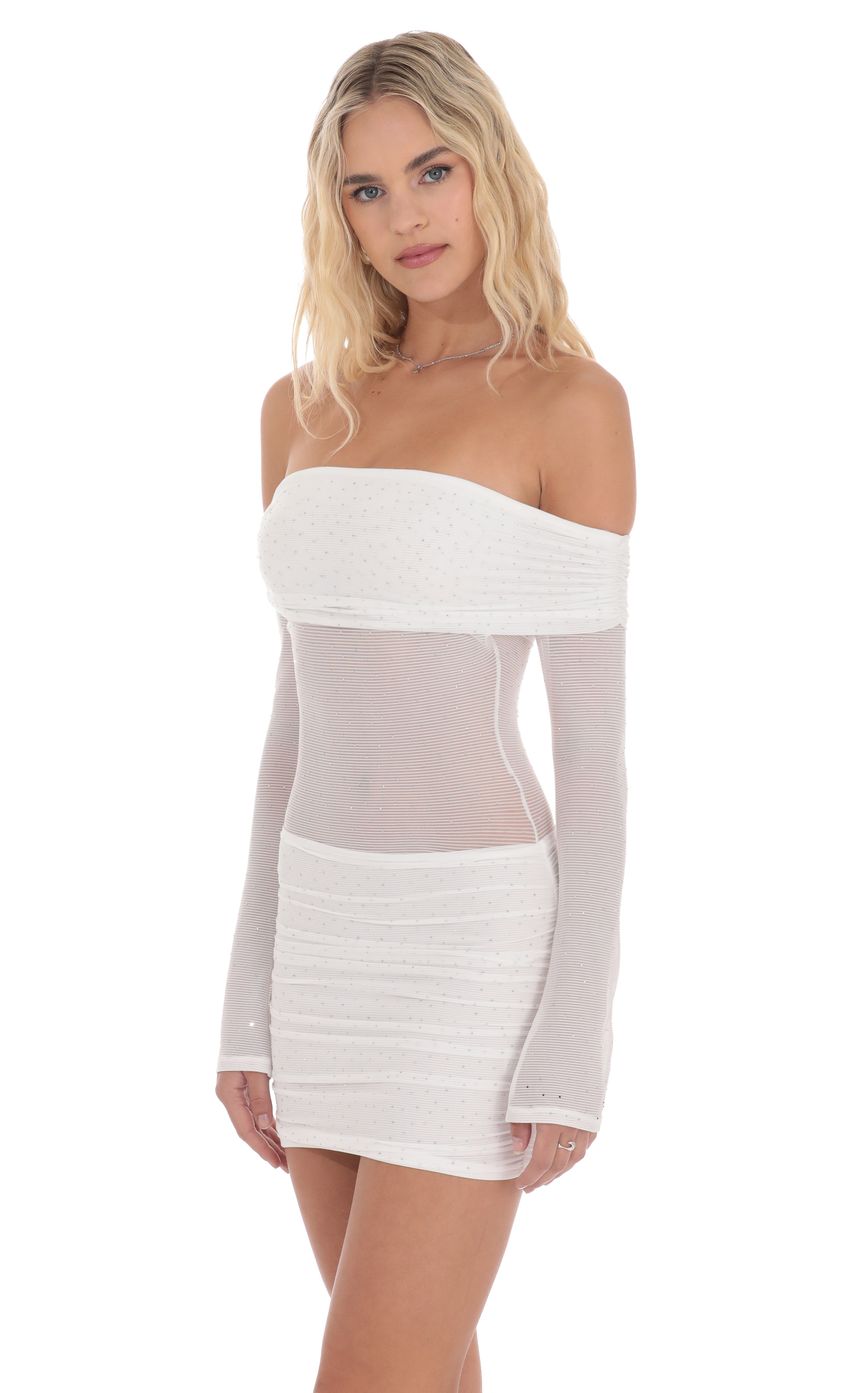 Picture Rhinestone Mesh Off Shoulder Dress in White. Source: https://media-img.lucyinthesky.com/data/product-media/850xAUTO/83e55663-ed4d-48f6-9fe0-b575b4715f0a.jpg