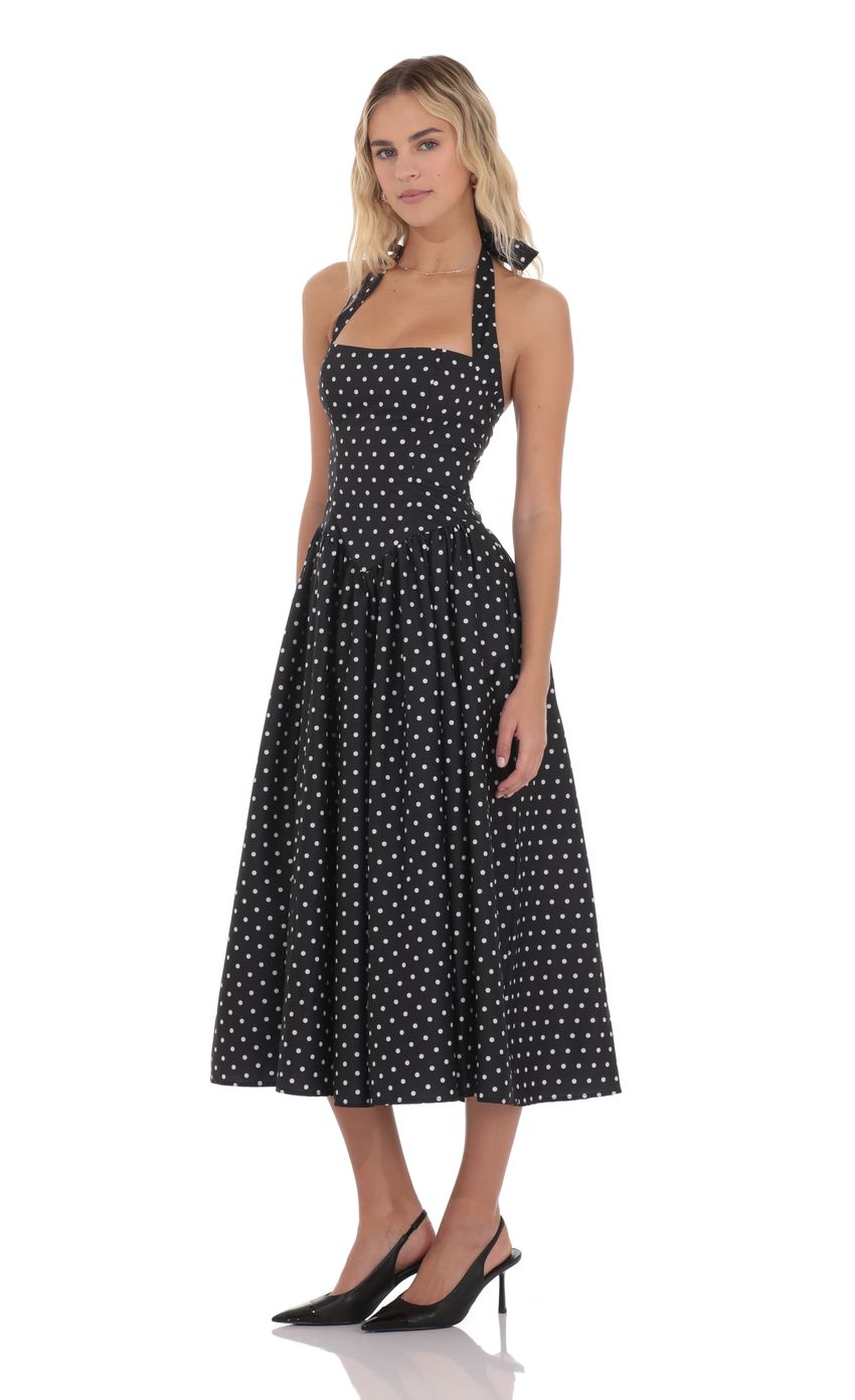 Product image for Polka Dot Halter Midi Dress in Black