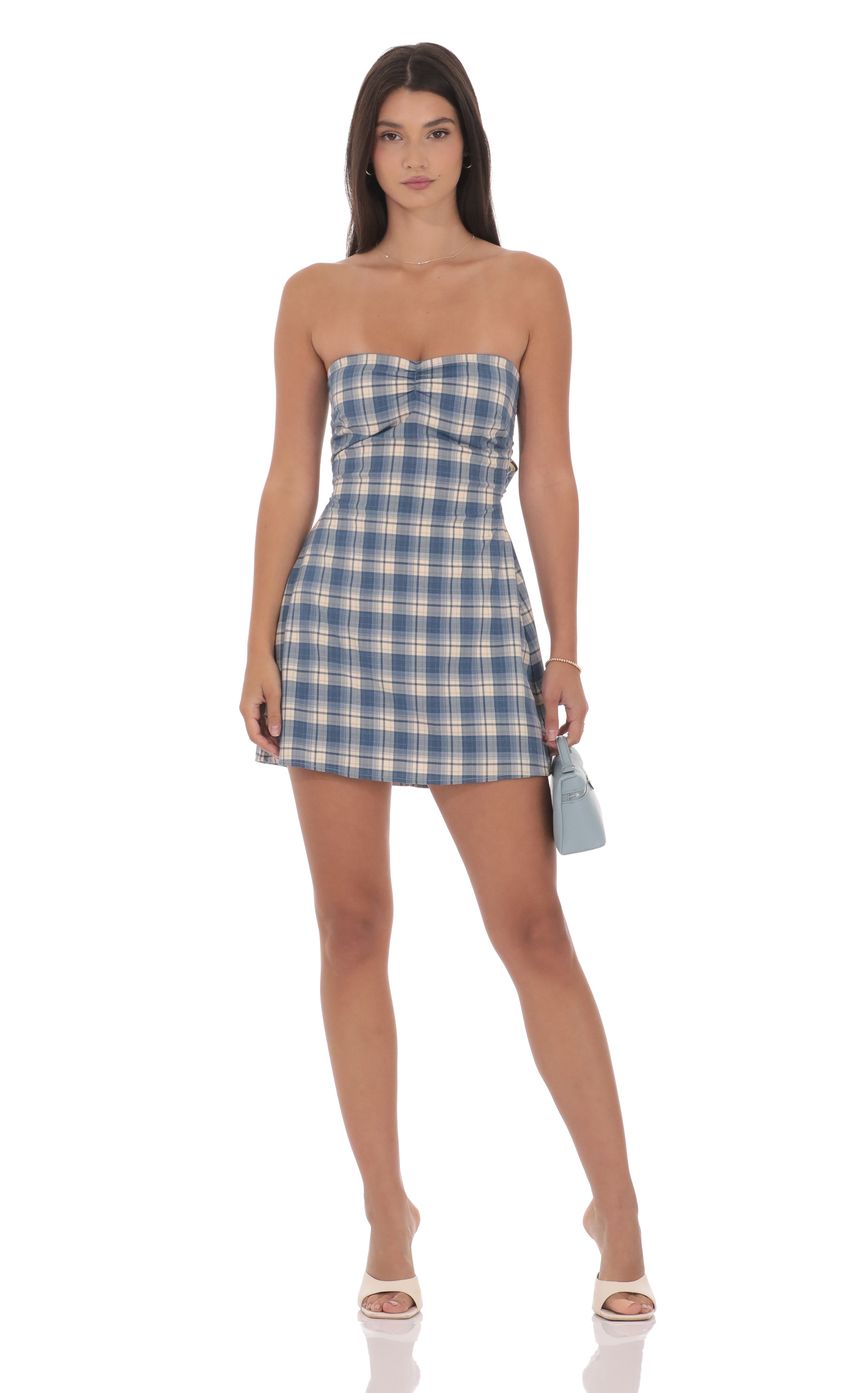 Product image for Strapless Plaid Dress in Blue