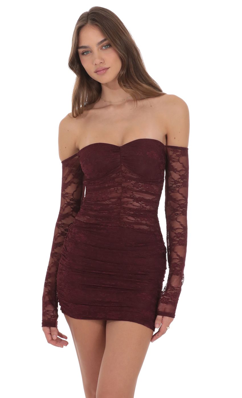 Product image for Lace Off Shoulder Bodycon Dress in Burgundy